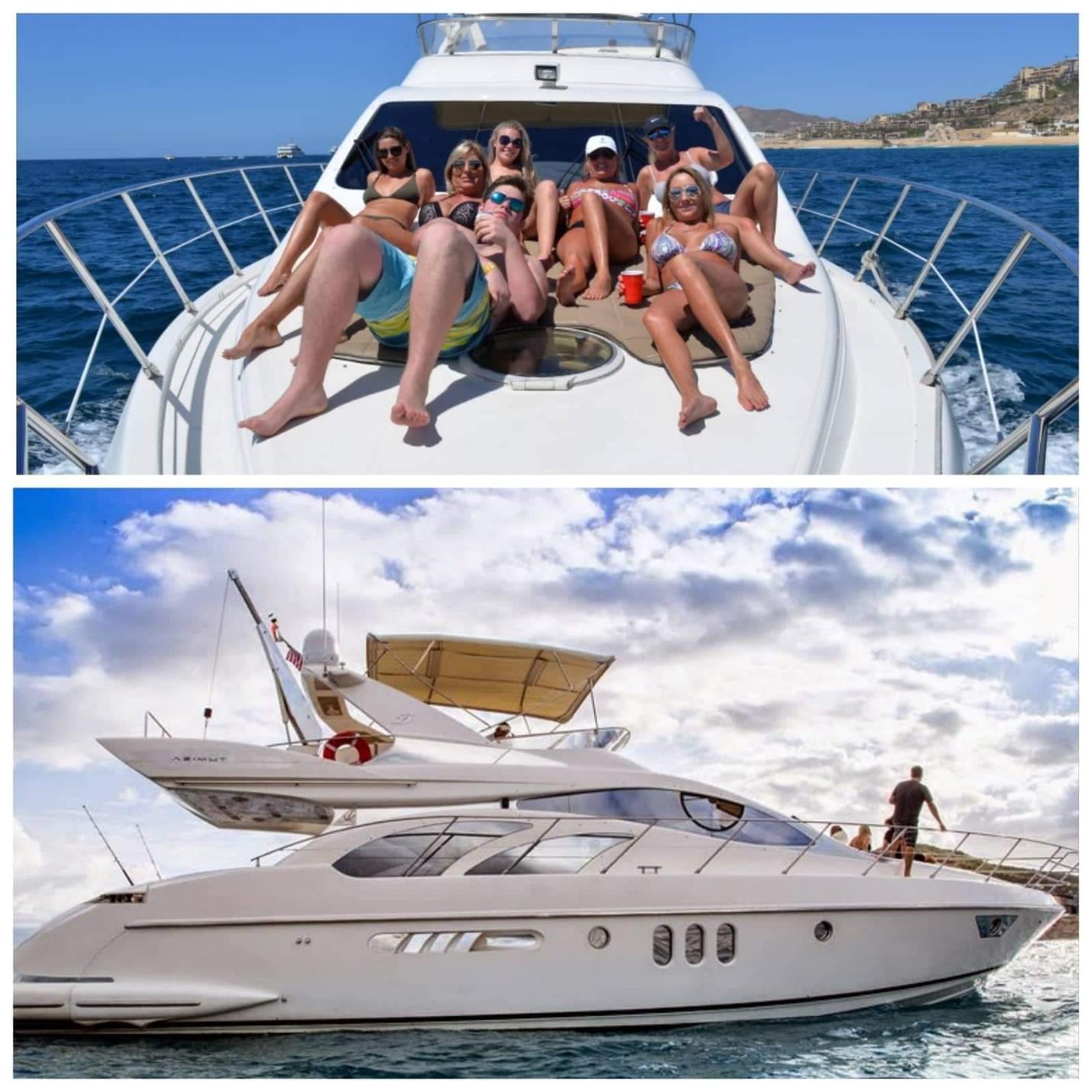 Image of an Azimut 55 yacht cruising on the sea with people enjoying.